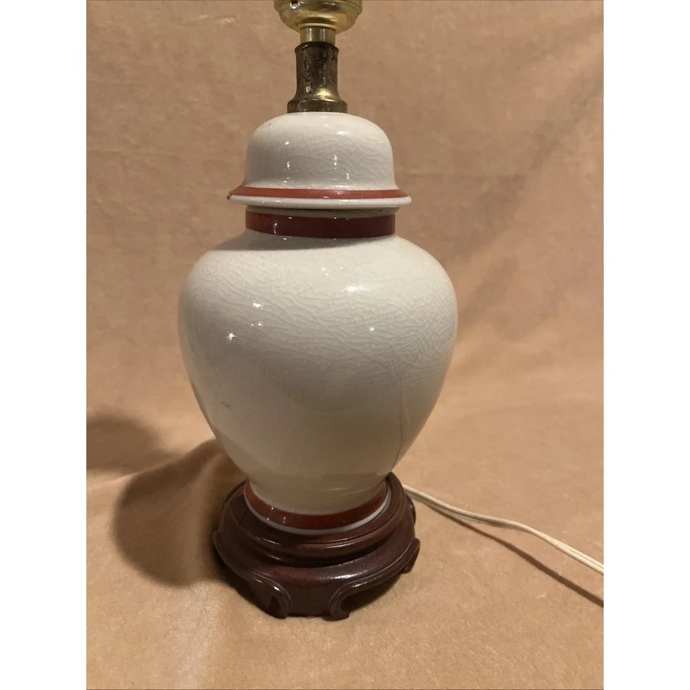 Vintage Chinese Hand painted Ceramic Lamp Peacock Wooden Base Oriental Lamp Work
